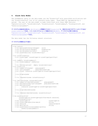 4. Alarm Data Model
The fundamental parts of the data model are the "alarm-list" with associated notifications and
the "alarm-inventory" list of all possible alarm types. These MUST be implemented by a
system. The rest of the data model is made conditional with these YANG features:
"operator-actions", "alarm-shelving", "alarm-history", "alarm-summary", "alarm-profile", and
"severity-assignment".
データモデルの基本的な部分は、Notificationが関連付けられた”alarm-list”と、設定される全てのアラームタイプである”
alarm-inventory”である。こえっらはシステムによって実装されること(MUST)。データモデルの残りの部分は、
"operator-actions", "alarm-shelving", "alarm-history", "alarm-summary", "alarm-profile", and
"severity-assignment"である。
The data model has the following overall structure:
データモデルの概要は以下の通り:
+--rw control
| +--rw max-alarm-status-changes? union
| +--rw notify-status-changes? enumeration
| +--rw notify-severity-level? severity
| +--rw alarm-shelving {alarm-shelving}?
| ...
+--ro alarm-inventory
| +--ro alarm-type* [alarm-type-id alarm-type-qualifier]
| ...
+--ro summary {alarm-summary}?
| +--ro alarm-summary* [severity]
| | ...
| +--ro shelves-active? empty {alarm-shelving}?
+--ro alarm-list
| +--ro number-of-alarms? yang:gauge32
| +--ro last-changed? yang:date-and-time
| +--ro alarm* [resource alarm-type-id alarm-type-qualifier]
| | ...
| +---x purge-alarms
| | ...
| +---x compress-alarms {alarm-history}?
| ...
+--ro shelved-alarms {alarm-shelving}?
| +--ro number-of-shelved-alarms? yang:gauge32
| +--ro shelved-alarms-last-changed? yang:date-and-time
| +--ro shelved-alarm*
| | [resource alarm-type-id alarm-type-qualifier]
| | ...
| +---x purge-shelved-alarms
| | ...
| +---x compress-shelved-alarms {alarm-history}?
| ...
+--rw alarm-profile*
[alarm-type-id alarm-type-qualifier-match resource]
{alarm-profile}?
+--rw alarm-type-id alarm-type-id
+--rw alarm-type-qualifier-match string
+--rw resource resource-match
+--rw description string
+--rw alarm-severity-assignment-profile
{severity-assignment}?
...
17
 