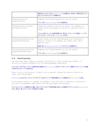 基準に従ってアラームを”alarm-list”から削除する。例えば、特定の日付よりも
古いクリアされたアラームを削除する。
/alarms/alarm-list/
compress-alarms
Compress the "status-change" list for the alarms.
アラームの”status-change”リストを圧縮する。
/alarms/alarm-list/alarm/
set-operator-state
Change the operator state for an alarm. For example, an
alarm can be acknowledged by setting the operator state to
"ack".
アラームのオペレーター状態を変更する。例えば、オペレーター状態を”ack”にす
ることにより、アラームをacknowledgedできる。
/alarms/shelved-alarm-list/
purge-shelved-alarms
Delete alarms from the "shelved-alarm-list" according to
specific criteria, for example, all alarms older than a
specific date.
基準に従って”shelved-alarm-list”からアラームを削除する。
/alarms/shelved-alarm-list/
compress-shelved-alarms
Compress the "status-change" list for the alarms.
アラームの”status-change”リストを圧縮する。
4.8. Notifications
The alarm data model supports a general notification to report alarm-state changes. It
carries all relevant parameters for the alarm-management application.
アラームデータモデルは、アラーム状態の変化を報告するnotificationをサポートする。アラーム管理アプリケーションに関連
する全てのパラメーターが含まれる。
There is also a notification to report that an operator changed the operator state on an
alarm, like acknowledged.
Acknowledgedのような、オペレーターがアラームのオペレーター状態を変更したことを報告するnotificationもある。
If the alarm inventory is changed, for example, a new card type is inserted, a notification
will tell the management application that new alarm types are available.
アラームインベントリが変更された場合、新しいアラームタイプが利用可能であることを管理アプリケーションにnotification
する。例えば、新しいカードタイプが追加された場合。
23
 