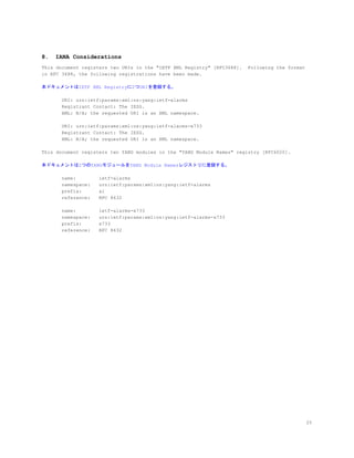 8. IANA Considerations
This document registers two URIs in the "IETF XML Registry" [RFC3688]. Following the format
in RFC 3688, the following registrations have been made.
本ドキュメントはIETF XML Registryに2つURIを登録する。
URI: urn:ietf:params:xml:ns:yang:ietf-alarms
Registrant Contact: The IESG.
XML: N/A; the requested URI is an XML namespace.
URI: urn:ietf:params:xml:ns:yang:ietf-alarms-x733
Registrant Contact: The IESG.
XML: N/A; the requested URI is an XML namespace.
This document registers two YANG modules in the "YANG Module Names" registry [RFC6020].
本ドキュメントは2つのYANGモジュールをYANG Module Namesレジストリに登録する。
name: ietf-alarms
namespace: urn:ietf:params:xml:ns:yang:ietf-alarms
prefix: al
reference: RFC 8632
name: ietf-alarms-x733
namespace: urn:ietf:params:xml:ns:yang:ietf-alarms-x733
prefix: x733
reference: RFC 8632
25
 