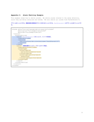 Appendix D. Alarm Shelving Example
This example shows how to shelve alarms. We shelve alarms related to the smoke detectors,
since they are being installed and tested. We also shelve all alarms from FastEthernet1/0.
アラームをシェルフする。煙検知器は設置後のテスト中のためシェルフする。FastEthernet1/0のアラームも全てシェルフす
る。
<alarms xmlns="urn:ietf:params:xml:ns:yang:ietf-alarms"
xmlns:xyz-al="urn:example:xyz-alarms"
xmlns:dev="urn:example:device">
<control>
<alarm-shelving>
<shelf>​ ​#FastEthernet1/0のシェルフ。リソース名指定。
<name>FE10</name>
<resource>
/dev:interfaces/dev:interface[name='FastEthernet1/0']
</resource>
</shelf>
<shelf>​ ​#煙検知器のシェルフ。アラームタイプ指定。
<name>detectortest</name>
<alarm-type>
<alarm-type-id>
xyz-al:environmental-alarm
</alarm-type-id>
<alarm-type-qualifier-match>
smoke-alarm
</alarm-type-qualifier-match>
</alarm-type>
</shelf>
</alarm-shelving>
</control>
</alarms>
31
 