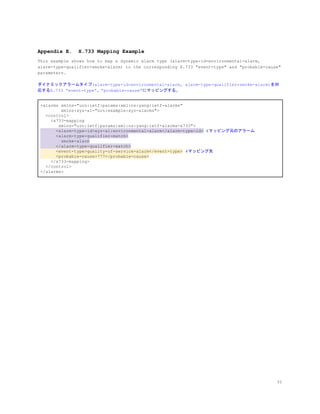 Appendix E. X.733 Mapping Example
This example shows how to map a dynamic alarm type (alarm-type-id=environmental-alarm,
alarm-type-qualifier=smoke-alarm) to the corresponding X.733 "event-type" and "probable-cause"
parameters.
ダイナミックアラームタイプ(alarm-type-id=environmental-alarm, alarm-type-qualifier=smoke-alarm)を対
応するX.733 “event-type”、”probable-cause”にマッピングする。
<alarms xmlns="urn:ietf:params:xml:ns:yang:ietf-alarms"
xmlns:xyz-al="urn:example:xyz-alarms">
<control>
<x733-mapping
xmlns="urn:ietf:params:xml:ns:yang:ietf-alarms-x733">
<alarm-type-id>xyz-al:environmental-alarm</alarm-type-id>​ ​#マッピング元のアラーム
<alarm-type-qualifier-match>
smoke-alarm
</alarm-type-qualifier-match>
<event-type>quality-of-service-alarm</event-type>​ ​#マッピング先
<probable-cause>777</probable-cause>
</x733-mapping>
</control>
</alarms>
32
 