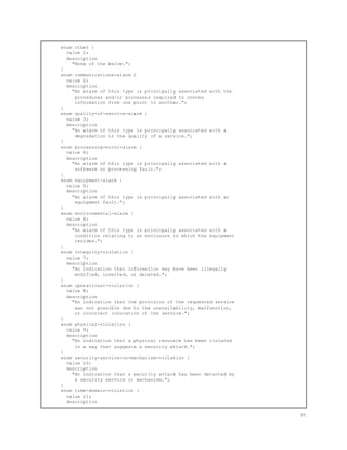 enum other {
value 1;
description
"None of the below.";
}
enum communications-alarm {
value 2;
description
"An alarm of this type is principally associated with the
procedures and/or processes required to convey
information from one point to another.";
}
enum quality-of-service-alarm {
value 3;
description
"An alarm of this type is principally associated with a
degradation in the quality of a service.";
}
enum processing-error-alarm {
value 4;
description
"An alarm of this type is principally associated with a
software or processing fault.";
}
enum equipment-alarm {
value 5;
description
"An alarm of this type is principally associated with an
equipment fault.";
}
enum environmental-alarm {
value 6;
description
"An alarm of this type is principally associated with a
condition relating to an enclosure in which the equipment
resides.";
}
enum integrity-violation {
value 7;
description
"An indication that information may have been illegally
modified, inserted, or deleted.";
}
enum operational-violation {
value 8;
description
"An indication that the provision of the requested service
was not possible due to the unavailability, malfunction,
or incorrect invocation of the service.";
}
enum physical-violation {
value 9;
description
"An indication that a physical resource has been violated
in a way that suggests a security attack.";
}
enum security-service-or-mechanism-violation {
value 10;
description
"An indication that a security attack has been detected by
a security service or mechanism.";
}
enum time-domain-violation {
value 11;
description
35
 