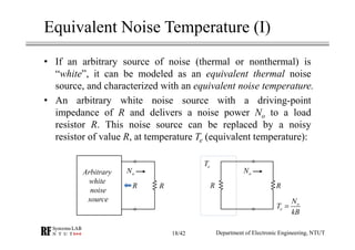 Equivalent Noise Temperature (I)
• If an arbitrary source of noise (thermal or nonthermal) is
“white”, it can be modeled as an equivalent thermal noise
source, and characterized with an equivalent noise temperature.
• An arbitrary white noise source with a driving-point
impedance of R and delivers a noise power No to a load
resistor R. This noise source can be replaced by a noisy
resistor of value R, at temperature Te (equivalent temperature):
Department of Electronic Engineering, NTUT
oN
R
Arbitrary
white
noise
source
R
oN
RR
eT
o
e
N
T
kB
=
18/42
 