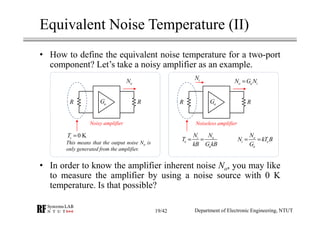 Equivalent Noise Temperature (II)
• How to define the equivalent noise temperature for a two-port
component? Let’s take a noisy amplifier as an example.
• In order to know the amplifier inherent noise No, you may like
to measure the amplifier by using a noise source with 0 K
temperature. Is that possible?
Noisy amplifier
R
oN
aGR
0 KsT =
This means that the output noise No is
only generated from the amplifier.
Noiseless amplifier
R
o a iN G N=
aGR
iN
o
i e
a
N
N kT B
G
= =i o
e
a
N N
T
kB G kB
= =
Department of Electronic Engineering, NTUT19/42
 