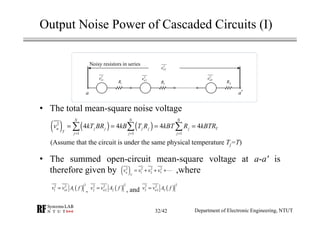 Output Noise Power of Cascaded Circuits (I)
• The total mean-square noise voltage
(Assume that the circuit is under the same physical temperature Tj=T)
• The summed open-circuit mean-square voltage at a-a' is
therefore given by ,where
Department of Electronic Engineering, NTUT
( ) ( ) ( )2
1 1 1
4 4 4 4
N N N
n j j j j j T
T j j j
v kT BR kB T R kBT R kBTR
= = =
= = = =∑ ∑ ∑
( )2 2 2 2
1 2 3n
T
v v v v= + + +⋯
Noisy resistors in series
2
1ne
1R 2R
2
2ne
NR
2
nNe
2
nTe
a a′
( )
22 2
1 1 1nv v A f= ( )
22 2
2 2 2nv v A f= ( )
22 2
3 3 3nv v A f=, , and
32/42
 