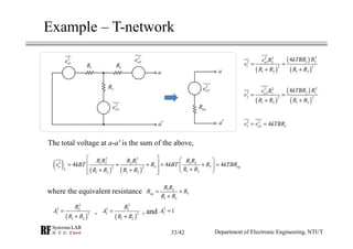 Example – T-network
The total voltage at a-a' is the sum of the above,
where the equivalent resistance
Department of Electronic Engineering, NTUT
( )
( )
( )
22 2
1 22 1 2
1 2 2
1 2 1 2
4n
kTBR Rv R
v
R R R R
= =
+ +
( )
( )
( )
22 2
2 12 2 1
2 2 2
1 2 1 2
4n
kTBR Rv R
v
R R R R
= =
+ +
2 2
3 3 34nv v kTBR= =
( ) ( ) ( )
2 2
2 1 2 2 1 1 2
3 32 2
1 21 2 1 2
4 4 4n eq
T
R R R R R R
v kBT R kBT R kTBR
R RR R R R
   
= + + = + =   
++ +    
1 2
3
1 2
eq
R R
R R
R R
= +
+
2
1ne
1R
2R
2
2ne
3R
2
3ne
a
a′
2
nTe
eqR
a
a′
( )
2
2 2
1 2
1 2
R
A
R R
=
+ ( )
2
2 1
2 2
1 2
R
A
R R
=
+
2
3 1A =, , and
33/42
 
