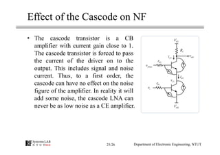 Effect of the Cascode on NF
• The cascode transistor is a CB
amplifier with current gain close to 1.
The cascode transistor is forced to pass
the current of the driver on to the
output. This includes signal and noise
current. Thus, to a first order, the
cascode can have no effect on the noise
figure of the amplifier. In reality it will
add some noise, the cascode LNA can
never be as low noise as a CE amplifier.
CCV
EEV
1br
iv
1cv
2ei
2ci outv
2br
CR
cbiasv
Department of Electronic Engineering, NTUT25/26
 