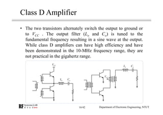Class D Amplifier
• The two transistors alternately switch the output to ground or
to VCC . The output filter (Lo and Co) is tuned to the
fundamental frequency resulting in a sine wave at the output.
While class D amplifiers can have high efficiency and have
been demonstrated in the 10-MHz frequency range, they are
not practical in the gigahertz range.
oL oC
CCV
oL oC
CCV
Department of Electronic Engineering, NTUT16/42
 