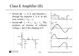 Class E Amplifier (II)
• Switch on : vc is 0, and therefore ic
through the capacitor C is 0. In this
case, switch is = Idc − io.
• Switch off : is = 0. ic = Idc − io . This
produces an increase of collector
voltage vc due to the charging of C.
oL oC
CCV
RFC
RC
oi
ovcv dcI
si ci
1Q
Open
Closed
y y
ov
cv
si
32.8φ = −
omV
θ
θ
θ
θ
0 π 2π
Department of Electronic Engineering, NTUT18/42
 