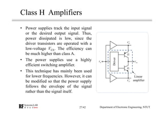 Class H Amplifiers
• Power supplies track the input signal
or the desired output signal. Thus,
power dissipated is low, since the
driver transistors are operated with a
low-voltage VCE. The efficiency can
be much higher than class A.
• The power supplies use a highly
efficient switching amplifier.
• This technique has mainly been used
for lower frequencies. However, it can
be modified so that the power supply
follows the envelope of the signal
rather than the signal itself.
CCV′
outVinV
1Q
2Q
CCV′
Linear
amplifier
Driver
Department of Electronic Engineering, NTUT27/42
 