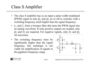 Class S Amplifier
• The class S amplifier has as an input a pulse-width modulated
(PWM) signal to turn Q1 and Q2 on or off as switches with a
switching frequency much higher than the signal frequency.
• Lo and Co form a lowpass filter that turns the PWM signal into
an analog waveform. If only positive outputs are needed, only
Q1 and D2 are required. For negative signals, only D1 and Q2
are necessary.
1Q
2Q
1D
2D
1C oL
oC R
• The switching frequency must be
significantly higher than the signal
frequency, this technique is not
viable for amplification of signals in
the gigahertz frequency range.
Department of Electronic Engineering, NTUT28/42
 