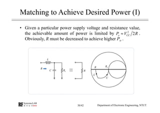 Matching to Achieve Desired Power (I)
• Given a particular power supply voltage and resistance value,
the achievable amount of power is limited by Po » V 2 R.
Obviously, R must be decreased to achieve higher Po .
LR
L
C
LR
C
L
R
R
R
2
2o CCP V R≈
Department of Electronic Engineering, NTUT30/42
 