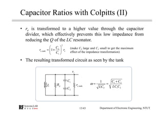 Capacitor Ratios with Colpitts (II)
• re is transformed to a higher value through the capacitor
divider, which effectively prevents this low impedance from
reducing the Q of the LC resonator.
• The resulting transformed circuit as seen by the tank
2
2
,tank
1
1e e
C
r r
C
 
= + 
 
L pR
1C
2C
,tanker
cv
1 2
1 2
1
T
C C
LC CLC
ω
+
= =
(make C2 large and C1 small to get the maximum
effect of the impedance transformation)
Department of Electronic Engineering, NTUT13/43
 