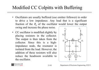 Modified CC Colpitts with Buffering
• Oscillators are usually buffered (use emitter follower) in order
to drive a low impedance. Any load that is a significant
fraction of the Rp of the oscillator would lower the output
swing and increase the phase noise.
• CC oscillator is modified slightly by
placing resistors in the collector.
The output is then taken from the
collector. Since this is a high-
impedance node, the resonator is
isolated from the load. However, the
addition of these resistors will also
reduce the headroom available to
the oscillator.
CCV
L
1C
1Q 2Q
biasI
1C
biasI
2 2C
LR LR
CCV
Department of Electronic Engineering, NTUT21/43
 