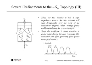 Several Refinements to the −Gm Topology (III)
• Since the tail resistor is not a high
impedance source, the bias current will
vary dynamically over the cycle of the
oscillation (highest when voltage peaks
and lowest during the zero crossings).
• Since the oscillator is most sensitive to
phase noise during the zero crossings, this
oscillator can often give very good phase
noise performance.biasV
L
C
1Q
2Q
tailR
biasR
CCV
biasV
biasR
cpC cpC
Department of Electronic Engineering, NTUT
Time
Amplitude
( )1ci t ( )2ci t
AVEI
dcI
24/43
 