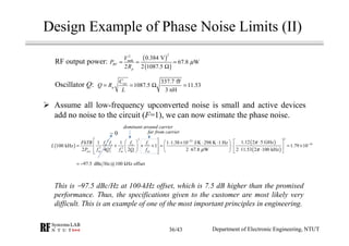 Design Example of Phase Noise Limits (II)
Assume all low-frequency upconverted noise is small and active devices
add no noise to the circuit (F=1), we can now estimate the phase noise.
( )
( )
22
tank
0.384 V
67.8 W
2 2 1087.5
RF
p
V
P
R
µ= = =
Ω
337.7 fF
1087.5 11.53
3 nH
tot
p
C
Q R
L
= = Ω =
This is −97.5 dBc/Hz at 100-kHz offset, which is 7.5 dB higher than the promised
performance. Thus, the specifications given to the customer are most likely very
difficult. This is an example of one of the most important principles in engineering.
RF output power:
Oscillator Q:
( )
( )
( )
22
2 23
10
3 2 2
1.12 2 5 GHz1 1 1 1.38 10 J/K 298 K 1 Hz
100 kHz 1 1.79 10
2 4 2 2 67.8 W 2 11.53 2 100 kHz
o c o c
avs m L m l m
FkTB f f f f
L
P f Q f Q f
π
µ π
−
−
   ⋅   ⋅ × ⋅ ⋅
= + + + = ⋅ = ×      ⋅ ⋅ ⋅       
Department of Electronic Engineering, NTUT
~ 0 far from carrier
97.5 dBc Hz@100 kHz offset= −
dominant around carrier
36/43
 
