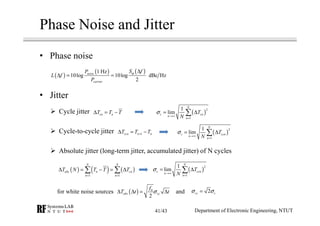 • Phase noise
• Jitter
Cycle jitter
Cycle-to-cycle jitter
Absolute jitter (long-term jitter, accumulated jitter) of N cycles
Phase Noise and Jitter
( )
( ) ( )1 Hz
10log 10log dBc Hz
2
noise
carrier
S fP
L f
P
ϕ ∆
∆ = =
cn nT T T∆ = − ( )
2
1
1
lim
N
c cn
n
n
T
N
σ
→∞
=
= ∆∑
1ccn n nT T T+∆ = − ( )
2
1
1
lim
N
c ccn
n
n
T
N
σ
→∞
=
= ∆∑
( ) ( ) ( )
1 1
N N
abs n cn
n n
T N T T T
= =
∆ = − = ∆∑ ∑ ( )
2
1
1
lim
N
c ccn
n
n
T
N
σ
→∞
=
= ∆∑
for white noise sources ( ) 0
2
abs cc
f
T t tσ∆ ∆ = ∆ and 2cc cσ σ=
Department of Electronic Engineering, NTUT41/43
 