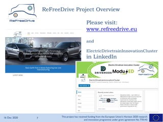 16 Dec 2020 7
This project has received funding from the European Union’s Horizon 2020 research
and innovation programme under grant agreement No 770143
ReFreeDrive Project Overview
Please visit:
www.refreedrive.eu
and
ElectricDrivetrainInnovationCluster
in LinkedIn
 