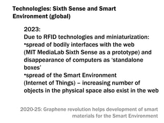 Technologies :  Sixth Sense and Smart Environment (global) 2023: Due to RFID technologies and miniaturization :  spread of bodily interfaces with the web (MIT MediaLab Sixth Sense as a prototype) and  disappearance of computers as ‘standalone  boxes’ spread of the Smart Environment  (Internet of Things)  –  increasing number of  objects in the physical space also exist in the web 2020-25:  Graphene revolution helps development of smart materials for the Smart Environment 