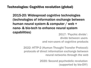 Technologies :  Cognitive revolution (global) 2015-20:  Widespread cognitive technologies  ( technologies of information exchange between human neural system & computer / web + nano- & bio-tech to enhance neural system capabilities ) 2017:  ‘Psychic divide’ :  divide between users  and non-users of cognitive products 2022:  HTTP -2 ( Human Thought Transfer Protocol ):  protocols of direct information exchange between neural networks through the web 2020:  Second psychedelic revolution   ( supported by bio - DIY)   