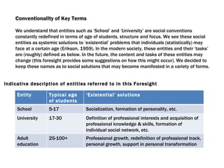 Conventionality of Key Terms We understand that entities such as ‘School’ and ‘University’ are social conventions constantly redefined in terms of age of students, structure and focus. We see these social entities as systemic solutions to ‘existential’ problems that individuals (statistically) may face at a certain age  ( Erikson, 1959). In the modern society, these entities and their ‘tasks’ are (roughly) defined as below. In the future, the content and tasks of these entities may change (this foresight provides some suggestions on how this might occur). We decided to keep these names as to social solutions that may become manifested in a variety of forms. Indicative description of entities referred to in this Foresight Entity Typical age of students ‘ Existential’ solutions School 5-17 Socialization, formation of personality, etc. University 17-30 Definition of professional interests and acquisition of professional knowledge & skills, formation of individual social network, etc. Adult education 25-100+ Professional growth, redefinition of professional track, personal growth, support in personal transformation 