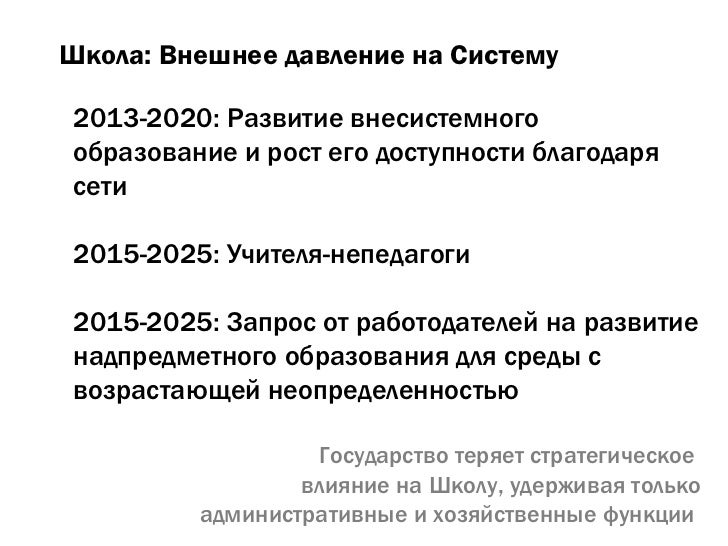 Школа: Внешнее давление на Систему 2013-2020: Развитие внесистемного образование и рост его доступности благодаря сети 201...