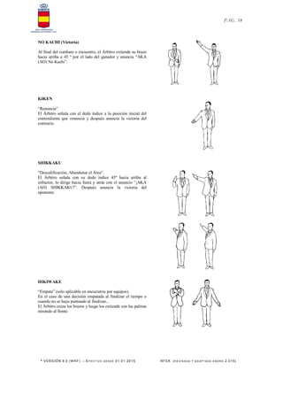 * VERSIÓN 9.0 (W KF) – EFECT IVO DESDE 01.01.2015 RFEK (RE VIS ADA Y ADAPT ADA ENERO 2.015)
PAG. 38
NO KACHI (Victoria)
Al final del combate o encuentro, el Árbitro extiende su brazo
hacia arriba a 45 º por el lado del ganador y anuncia “AKA
(AO) No Kachi”.
KIKEN
“Renuncia”
El Árbitro señala con el dedo índice a la posición inicial del
contendiente que renuncia y después anuncia la victoria del
contrario.
SHIKKAKU
“Descalificación, Abandonar el Área”.
El Árbitro señala con su dedo índice 45º hacia arriba al
infractor, lo dirige hacia fuera y atrás con el anuncio “¡AKA
(AO) SHIKKAKU!”. Después anuncia la victoria del
oponente.
HIKIWAKE
“Empate” (solo aplicable en encuentros por equipos).
En el caso de una decisión empatada al finalizar el tiempo o
cuando no se haya puntuado al finalizar...
El Árbitro cruza los brazos y luego los extiende con las palmas
mirando al frente.
 