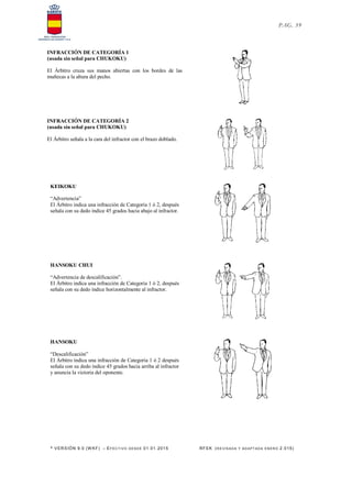 * VERSIÓN 9.0 (W KF) – EFECT IVO DESDE 01.01.2015 RFEK (RE VIS ADA Y ADAPT ADA ENERO 2.015)
PAG. 39
INFRACCIÓN DE CATEGORÍA 1
(usada sin señal para CHUKOKU)
El Árbitro cruza sus manos abiertas con los bordes de las
muñecas a la altura del pecho.
INFRACCIÓN DE CATEGORÍA 2
(usada sin señal para CHUKOKU)
El Árbitro señala a la cara del infractor con el brazo doblado.
KEIKOKU
“Advertencia”
El Árbitro indica una infracción de Categoría 1 ó 2, después
señala con su dedo índice 45 grados hacia abajo al infractor.
HANSOKU CHUI
“Advertencia de descalificación”.
El Árbitro indica una infracción de Categoría 1 ó 2, después
señala con su dedo índice horizontalmente al infractor.
HANSOKU
“Descalificación”
El Árbitro índica una infracción de Categoría 1 ó 2 después
señala con su dedo índice 45 grados hacia arriba al infractor
y anuncia la victoria del oponente.
 