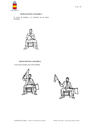 * VERSIÓN 9.0 (W KF) – EFECT IVO DESDE 01.01.2015 RFEK (RE VIS ADA Y ADAPT ADA ENERO 2.015)
PAG. 44
INFRACCIÓN DE CATEGORÍA 1
Se cruzan las banderas y se extienden con los brazos
extendidos.
INFRACCIÓN DE CATEGORÍA 2
El Juez gira la bandera con el brazo doblado.
 