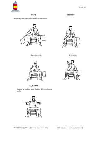 * VERSIÓN 9.0 (W KF) – EFECT IVO DESDE 01.01.2015 RFEK (RE VIS ADA Y ADAPT ADA ENERO 2.015)
PAG. 45
JOGAI
El Juez golpea el suelo con la bandera correspondiente.
KEIKOKU
HANSOKU CHUI HANSOKU
PASIVIDAD
Se rotan las banderas la una alrededor de la otra, frente al
pecho.
 