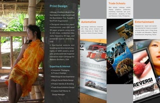 Trade Schools
               Print Design                                                              Web design, catalogs, exhibit
                                                                                         display graphics, production,
                                                                                         marketing materials and print.
               • Winner Children’s Book of the
                                                                                         International Academy of Film
               Year Award for Angie the Ant and                                          and Television. Cebu, Philippines.
               the Bumblebee Tree. SusieB a
               NonProfit Organization
                                                  Automotive                                                                   Entertainment
               • Designed interactive paper
                                                                                                                               Designed the keyart and market-
                                                  logo design. stationary, corporate
               mechanisms, pop-ups ,and                                                                                        ing materials for Irreversi, an award
                                                  site, blog, promo products and
               3D paper projects using voice      sales materials for Ryder Direct
                                                                                                                               winning thriller shot in Hong Kong
                                                                                                                               in English and Manadarin. Bigfoot
               & LED chips, conductive inks,      and their clients Chrysler Canada.
                                                                                                                               Entertainment, Hong Kong, Taiwan.
               radio frequency ID tags, and
               animation in print. Americhip,
               USA
               • Overhauled website and
               branding and directed photog-
               raphy of 4000 jewelry prod-
               ucts; produced bride magazine
               interactive insert campaign for
               Robbins Brothers, USA


               Expertise & Interest
                • Consumer Packaging
                 & Product Displays
                • Web Design & User Experience
                • Blog & Social Media Design
                                                                                                                Ref: 6800.00
                • Product Identity & Branding
                • Trade Show Exhibition Design
                • Creative Staff Mentor &
                  Design Manager

Punta Engaño
                                                                          Ref: 6800.00                          Ref: 6800.00
 