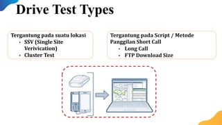 Tergantung pada suatu lokasi
• SSV (Single Site
Verivication)
• Cluster Test
Tergantung pada Script / Metode
Panggilan Short Call
• Long Call
• FTP Download Size
Drive Test Types
 