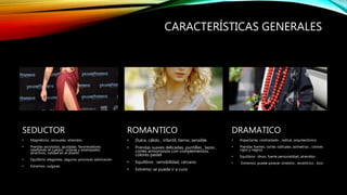 CARACTERÍSTICAS GENERALES
SEDUCTOR
• Magnéticos, sensuales, atrevidos
• Prendas escotadas, ajustadas, favorecedores
resaltando el cuerpo , colores y estampados
atractivos, calidad en el diseño
• Equilibrio: elegantes, seguros, provocan admiración
• Extremos: vulgares
ROMANTICO
• Dulce, cálido , infantil, tierno, sensible
• Prendas suaves delicadas, puntillas , lazos ,
cortes armoniosos con complementos,
colores pastel
• Equilibrio : sensibilidad, cercano
• Extremo: se puede ir a cursi
DRAMATICO
• Impactante, contrastado , radical, arquitectónico
• Prendas fuertes, cortes radicales, asimetrías , colores
rojos y negros
• Equilibrio: divos, fuerte personalidad, atrevidos
• Extremos: puede parecer siniestro , excentrico , loco
 