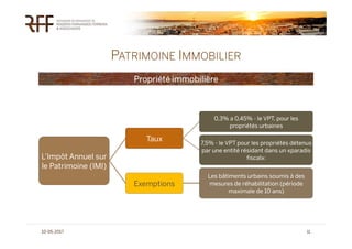 PATRIMOINE IMMOBILIER
10-05-2017
L’Impôt Annuel sur
le Patrimoine (IMI)
Taux
0,3% a 0,45% - le VPT, pour les
propriétés ur...