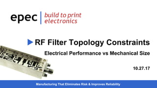 Manufacturing That Eliminates Risk & Improves Reliability
RF Filter Topology Constraints
Electrical Performance vs Mechanical Size
10.27.17
 