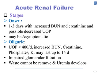 12
Acute Renal Failure
 Stages
 Onset :
 1-3 days with increased BUN and creatinine and
possible decreased UOP
 may be Asymptomatic
 Oliguric:
 UOP < 400/d, increased BUN, Creatinine,
Phosphates, K, may last up to 14 d
 Impaired glomerular filtration
 Waste cannot be remove & Uremia develops
 
