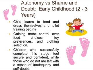 Autonomy vs Shame and
Doubt: Early Childhood (2 - 3
Years)
 Child learns to feed and
dress themselves and toilet
training begins
 Gaining more control over
food choices, toy
preferences, and clothing
selection.
 Children who successfully
complete this stage feel
secure and confident, while
those who do not are left with
a sense of inadequacy and
self-doubt.
 