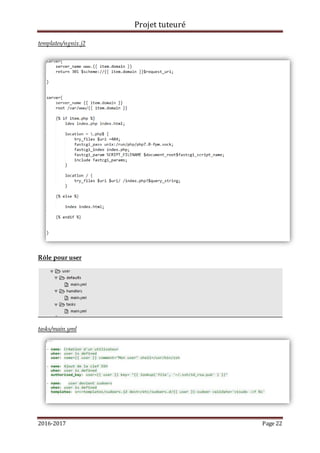 Projet tuteuré
2016-2017 Page 22
templates/ngnix.j2
Rôle pour user
tasks/main.yml
 