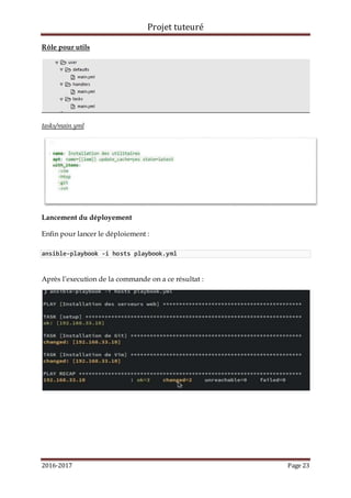 Projet tuteuré
2016-2017 Page 23
Rôle pour utils
tasks/main.yml
Lancement du déployement
Enfin pour lancer le déploiement :
ansible-playbook -i hosts playbook.yml
Après l’execution de la commande on a ce résultat :
 
