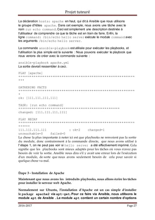Projet tuteuré
2016-2017 Page 27
La déclaration hosts: apache en haut, qui dit à Ansible que nous utilisons
le groupe d'hôtes apache. Dans cet exemple, nous avons une tâche avec le
nom run echo command. Ceci est simplement une description destinée à
l'utilisateur de comprendre ce que la tâche est en train de faire. Enfin, la
ligne command: /bin/echo hello server exécute le module command avec
les arguments /bin/echo hello server.
La commande ansible-playbook est utilisée pour exécuter les playbooks, et
l'utilisation la plus simple est la suivante : Nous pouvons exécuter le playbook que
nous venons de créer avec la commande suivante :
ansible-playbook apache.yml
La sortie devrait ressembler à ceci.
PLAY [apache]
**************************************************************
***
GATHERING FACTS
**************************************************************
*
ok: [111.111.111.111]
TASK: [run echo command]
******************************************************
changed: [111.111.111.111]
PLAY RECAP
**************************************************************
******
111.111.111.111 : ok=2 changed=1
unreachable=0 failed=0
La chose la plus importante à noter ici est que playbooks ne renvoient pas la sortie
du module, donc contrairement à la commande directe, que nous avons utilisé à
l' étape 1, on ne peut pas voir si hello server a été effectivement imprimé. Cela
signifie que les playbooks sont mieux adaptés pour les tâches où vous n'avez pas
besoin de voir la sortie. Ansible nous dira s'il y avait une erreur lors de l'exécution
d'un module, de sorte que nous avons seulement besoin de cela pour savoir si
quelque chose va mal.
Étape 3 - Installation de Apache
Maintenant que nous avons les introduits playbooks, nous allons écrire les tâches
pour installer le serveur web Apache.
Normalement sur Ubuntu, l’installation d’Apache est un cas simple d'installer
le package apache2 via apt-get. Pour ce faire via Ansible, nous utilisons le
module apt de Ansible . Le module apt contient un certain nombre d'options
 