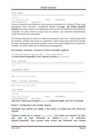 Projet tuteuré
2016-2017 Page 29
PLAY RECAP
**************************************************************
******
111.111.111.111 : ok=2 changed=1
unreachable=0 failed=0
Si nous visitons le nom d'hôte de votre serveur secondaire ou l' adresse IP dans votre
navigateur, nous devrions maintenant obtenir une page par défaut Apache2
Ubuntu pour nous saluer. Cela signifie que nous avons une installation fonctionnelle
d’Apache sur notre serveur, et que nous ne somme pas connecté manuellement
avant d’exécuter une commande.
Un concept important à noter à ce stade est idempotence , qui sous - tend la façon dont
les modules ansible sont censés se comporter. L'idée est que nous pouvons exécuter
la même commande à plusieurs reprises, mais si tout a été configuré sur la première
manche, les essais ultérieurs ne feront aucun changement.
Par exemple, exécutons à nouveau la même commande playbook.
ansible-playbook apache.yml --ask-sudo-pass
La sortie devrait ressembler à ceci. Notons la section changed=0.
PLAY [apache]
**************************************************************
***
GATHERING FACTS
**************************************************************
*
ok: [111.111.111.111]
TASK: [install apache2]
*******************************************************
ok: [111.111.111.111]
PLAY RECAP
**************************************************************
******
111.111.111.111 : ok=2 changed=0
unreachable=0 failed=0
Cela nous indique que le paquet apache2 a déjà été installé, donc rien n’a changé.
Étape 4 - Configuration des modules Apache
Maintenant que Apache est installé, il faut activer un module pour être utilisé par
Apache.
Faisons en sorte que le module mod_rewrite soit activé pour Apache. Via SSH,
cela peut se faire facilement en utilisant a2enmod et redémarrer
Apache. Cependant, nous pouvons aussi le faire très facilement avec Ansible
 