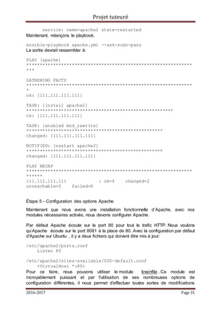 Projet tuteuré
2016-2017 Page 31
service: name=apache2 state=restarted
Maintenant, relançons le playbook.
ansible-playbook apache.yml --ask-sudo-pass
La sortie devrait ressembler à:
PLAY [apache]
**************************************************************
***
GATHERING FACTS
**************************************************************
*
ok: [111.111.111.111]
TASK: [install apache2]
*******************************************************
ok: [111.111.111.111]
TASK: [enabled mod_rewrite]
***************************************************
changed: [111.111.111.111]
NOTIFIED: [restart apache2]
***************************************************
changed: [111.111.111.111]
PLAY RECAP
**************************************************************
******
111.111.111.111 : ok=4 changed=2
unreachable=0 failed=0
Étape 5 - Configuration des options Apache
Maintenant que nous avons une installation fonctionnelle d’Apache, avec nos
modules nécessaires activés, nous devons configurer Apache.
Par défaut Apache écoute sur le port 80 pour tout le trafic HTTP. Nous voulons
qu’Apache écoute sur le port 8081 à la place de 80. Avec la configuration par défaut
d'Apache sur Ubuntu , il y a deux fichiers qui doivent être mis à jour:
/etc/apache2/ports.conf
Listen 80
/etc/apache2/sites-available/000-default.conf
<VirtualHost *:80>
Pour ce faire, nous pouvons utiliser le module lineinfile . Ce module est
incroyablement puissant et par l'utilisation de ses nombreuses options de
configuration différentes, il nous permet d'effectuer toutes sortes de modifications
 