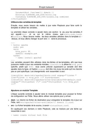 Projet tuteuré
2016-2017 Page 34
DocumentRoot /var/www/{{ domain }}
ErrorLog ${APACHE_LOG_DIR}/error.log
CustomLog ${APACHE_LOG_DIR}/access.log combined
</VirtualHost>
Utilisons des variables de template
Ensuite, nous avons besoin de mettre à jour notre Playbook pour faire sortir le
template et utiliser les variables.
La première étape consiste à ajouter dans une section le jeu pour les variables. Il
est appelé vars et va sur le même niveau que hosts, sudo, tasks
et handlers. Nous devons mettre les deux variables utilisées dans le template ci -
dessus, et nous allons changer le port vers 80 dans le processus.
---
- hosts: apache
sudo: yes
vars:
http_port: 80
domain: example.com
tasks:
- name: install apache2
...
Les variables peuvent être utilisées dans les tâches et les templates, afin que nous
puissions mettre à jour nos existants modules lineinfile à utiliser le http_port
spécifié, plutôt que 8081 nous avons précisé auparavant. La variable doit être
ajoutée dans la ligne, et l'option regexp doit être mis à jour de sorte qu'il ne cherche
pas un port spécifique. Les changements vont ressembler à ceci:
lineinfile: dest=/etc/apache2/ports.conf regexp="^Listen "
line="Listen {{ http_port }}" state=present
lineinfile: dest=/etc/apache2/sites-available/000-default.conf
regexp="^<VirtualHost *:" line="<VirtualHost *:{{ http_port
}}>"
Ajoutons un module Template
L'étape suivante consiste à ajouter dans le module template pour pousser le fichier
de configuration sur l'hôte. Nous allons utiliser ces options pour y arriver:
 dest - Le chemin du fichier de destination pour enregistrer le template mis à jour sur
l'hôte, soit/etc/apache2/sites-available/{{ domain }}.conf.
 src - Le fichier template de la source, à savoir virtualhost.conf.
En appliquant ces derniers à notre Playbook, cela se traduira par une tâche qui
ressemble à ceci:
- name: create virtual host file
 