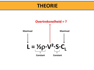 THEORIE

           Overtreksnelheid = ?

Maximaal                    Maximaal




   L = ½∙V²∙S∙CL
           Constant   Constant
 
