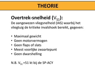 THEORIE

Overtrek-snelheid (VS1):
De aangewezen vliegsnelheid (IAS) waarbij het
vliegtuig de kritieke invalshoek bereikt, gegeven:

•   Maximaal gewicht
•   Geen motorvermogen
•   Geen flaps of slats
•   Meest voorlijke zwaartepunt
•   Geen dwarshelling

N.B. VS1 =51 kt bij de SP-ACY
 
