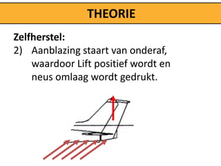 THEORIE
Zelfherstel:
2) Aanblazing staart van onderaf,
    waardoor Lift positief wordt en
    neus omlaag wordt gedrukt.
 