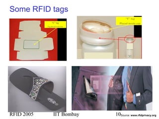RFID 2005 IIT Bombay 10
Some RFID tags
Source: www.rfidprivacy.org
 