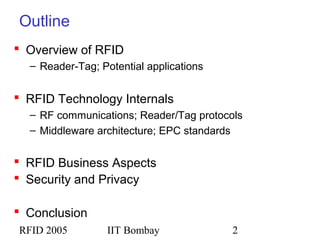 RFID 2005 IIT Bombay 2
Outline
 Overview of RFID
– Reader-Tag; Potential applications
 RFID Technology Internals
– RF communications; Reader/Tag protocols
– Middleware architecture; EPC standards
 RFID Business Aspects
 Security and Privacy
 Conclusion
 