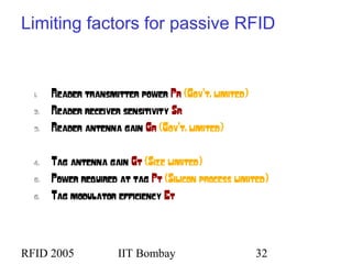 RFID 2005 IIT Bombay 32
Limiting factors for passive RFID
1. Reader transmitter power Pr (Gov’t. limited)
2. Reader receiver sensitivity Sr
3. Reader antenna gain Gr (Gov’t. limited)
4. Tag antenna gain Gt (Size limited)
5. Power required at tag Pt (Silicon process limited)
6. Tag modulator efficiency Et
 