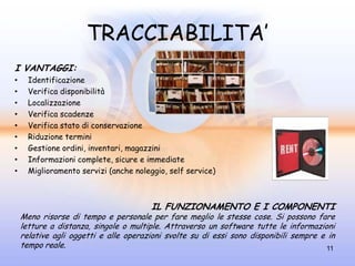 TRACCIABILITA’
I VANTAGGI:
•     Identificazione
•     Verifica disponibilità
•     Localizzazione
•     Verifica scadenze
•     Verifica stato di conservazione
•     Riduzione termini
•     Gestione ordini, inventari, magazzini
•     Informazioni complete, sicure e immediate
•     Miglioramento servizi (anche noleggio, self service)



                                        IL FUNZIONAMENTO E I COMPONENTI
    Meno risorse di tempo e personale per fare meglio le stesse cose. Si possono fare
    letture a distanza, singole o multiple. Attraverso un software tutte le informazioni
    relative agli oggetti e alle operazioni svolte su di essi sono disponibili sempre e in
    tempo reale.                                                                       11
 